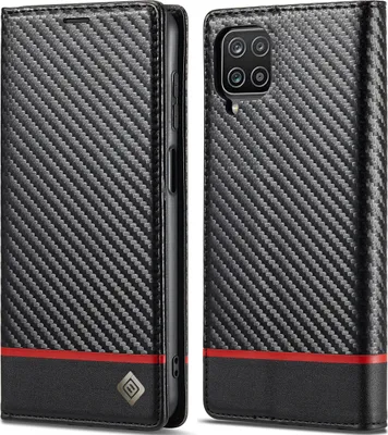 Image de Etui pour Samsung Galaxy A12 5G Etui en cuir carbone avec porte-cartes, aimant et support Noir Horizontal Rouge