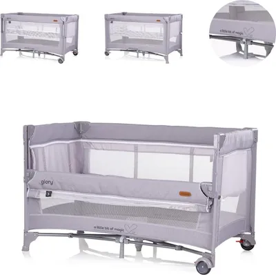 Immagine prodotto di Lettino da viaggio Chipolino Glory a 2 livelli, con materasso, ruote, pieghevole, borsa da trasporto, grigio