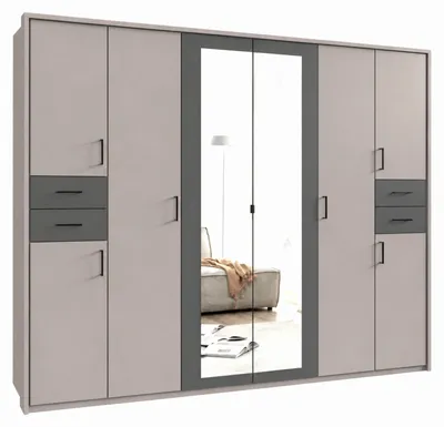 Produktbild von Drehtürenschrank Kleiderschrank 273cm Passepartout Spiegel Sand Grau mit Grafit / 22579