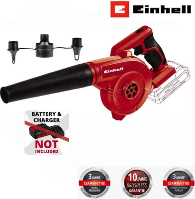 A red Einhell cordless leaf blower with accessories and warranty badges.