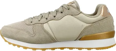 Side view of a taupe sneaker with gold accents.
