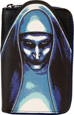 A close-up studio shot of a wallet with a graphic of a nun on the front.