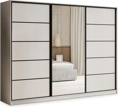 A modern wardrobe with sliding doors, one of which is a mirror, reflecting a bedroom interior.
