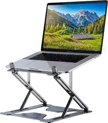 Obrázek produktu pro Uniqoos® – Hliníkový stojan na notebook, výškově nastavitelný a skládací (ve tvaru "Z"), stabilní a s protiskluzovou úpravou, s větracími otvory, kompatibilní s notebooky o velikosti 11–17,3 palců, nosnost až 18 kg