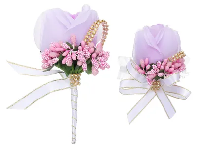 Productafbeelding van Bloemenaccessoires: Broche en polsversiering - Kunstrozen - Geschikt voor bruiloften en feestelijke gelegenheden - Roze paars