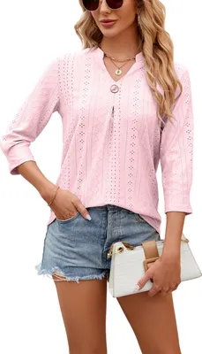 Produktbild von ASKSA Damen T-Shirt 3/4 aermel Aushoehlen Bluse V-Ausschnitt Sommer Tunika Elegant Shirts Tops, Rosa, Groesse: S