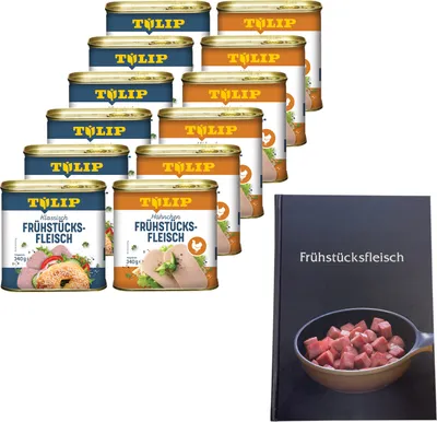 Produktbild von TULIP Bundle 12x Frühstücksfleisch Schwein Hähnchen 340g Delikatesse + Kochbuch