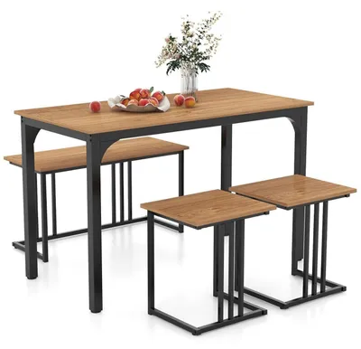Obrázek produktu pro Sada jídelního stolu pro 4 osoby, skládající se ze stolu, 2 barových židlí a lavice. Kovová konstrukce. Rozměry: 120 x 60 x 76 cm. Barva: přírodní