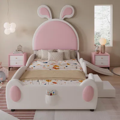 Immagine prodotto di okwish Letto imbottito 90x200 cm con materasso e scaletta, Letto per bambini con scivolo, Letto con doghe in legno, Rosa