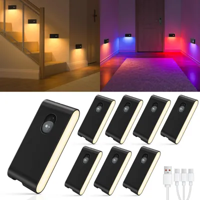 RGB Nachtlampe mit Bewegungsmelder, 8 St., Schwarz, USB