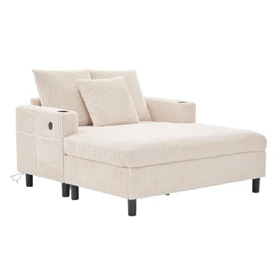 Produktbild von LVHOM Schlafsofa mit LED & USB, Cordstoff Palmensessel, Loungesofa mit Seitentaschen & Getränkehalter, 350kg Tragkraft, 128x85x142 cm, Beige