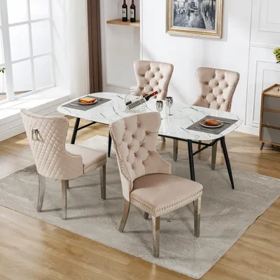 Productafbeelding van MODFU Eetkamerstoelen, set van 4, keukenstoelen, bureaustoelen, loungestoelen, gestoffeerde stoelen, unieke designstoelen, metalen poten, fluwelen bekleding (beige met nagelkopdecoratie)