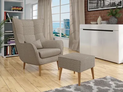 Obrázek produktu pro Designové křeslo ušák s taburetkou LEVI - tmavé béžové