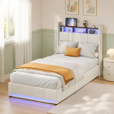 Image de INONEFT Lit tapissier 90x200 cm, en lin beige, lit simple avec 4 tiroirs et éclairage LED, tête de lit avec espace de rangement et port USB Type-C, lit fonctionnel pour adolescents avec sommier à lattes
