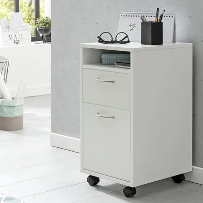Obrázek produktu pro FineBuy, mobilní úložný box, bílý, 33 x 63 x 38 cm, podstavec, dřevěná komoda na kolečkách, moderní, kancelářský box, zásuvková skříň s dvířky