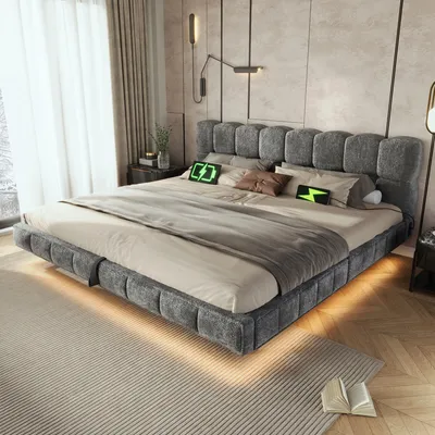 Produktbild von STILVORA Polsterbett 140x200 cm mit hydraulischem Stauraum, Doppelbett mit LED und Ladeanschluss, Jugendbett in Schwebeoptik mit Chenille