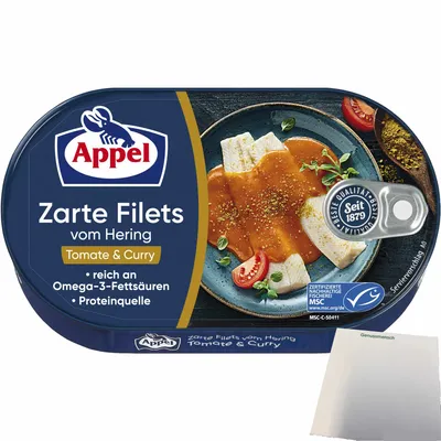 Produktbild von Appel Zarte Filets vom Hering Tomate & Curry (200g Dose) + usy Block