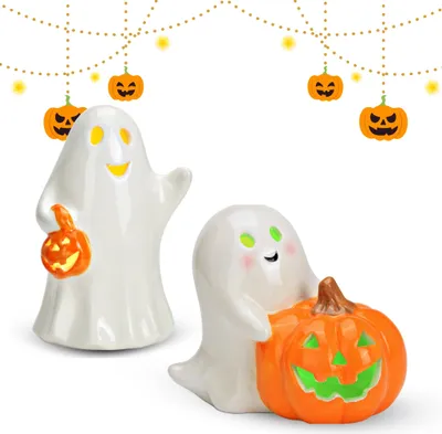Produktbild von 2er Set Halloween Geister aus Keramik mit LED, Deko Geister