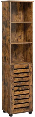Image de Armoire de salle de bain haute avec porte, 3 compartiments ouverts, étagères réglables, couleur marron, dimensions : 40 x 30 x 167 cm