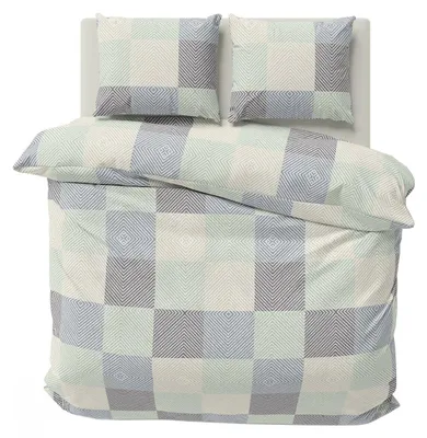 Produktbild von Bettwäsche 200x200 cm Baumwolle Renforce Bettbezug Garnitur Set Quadrate Beige Grau Eukalyptus 3 teilig