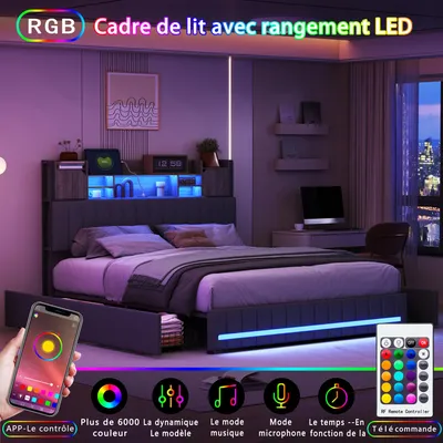 Obrázok produktu pre Posteľ 140 x 200 cm s LED čelom a USB, 4 zásuvky, lamelový rošt, ľan, sivá