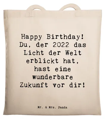 Produktbild von Mr. & Mrs. Panda Tote Bag Spruch 2022 Geburtstag - Transparent - Geschenk, handgefertigte Geschenke, Geburtstagsgeschenk, Shopping Tasche, Laptoptasche, Beutel