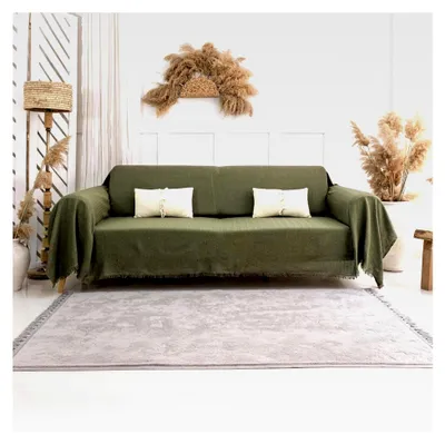 Produktbild von Sofaüberwurf für 3-Sitzer | Sofabezug für 3-Sitzer | Baumwoll-Bettüberwurf | Sofadecke | Tagesdecke für Couch 180 x 300 cm Olivgrün