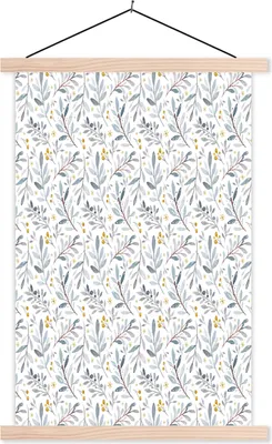 Produktbild von MuchoWow® Textilposter Vintage - Blätter - Weiß 60x90 cm mit holzfarbenen Rahmen - Textil