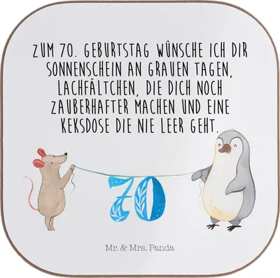 Produktbild von Mr. & Mrs. Panda Tischuntersetzer 70. Geburtstag Maus Pinguin - Weiß - Geschenk, Party, gläseruntersetzer, Getränkeuntersetzer, bieruntersetzer, Happy Birthday, Coaster