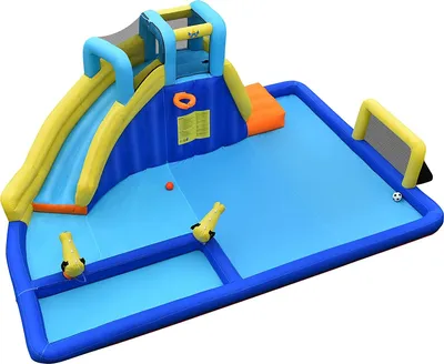 Produktbild von 6 in 1 Aufblasbare Hüpfburg, Wasserpark mit Rutsche & Kletterwand & Spielpool & Wasserpistole & Basketballkorb & Fußballtor, Wasserrutsche Outdoor für Kinder 3-12 Jahre, 526x373x205cm