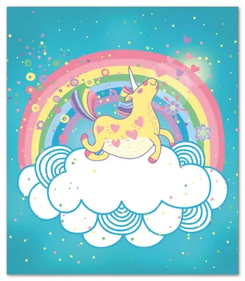 Produktbild von Wallario Herdabdeckplatte aus Glas, Größe 52 x 60 cm 1-teilig, Motiv Lustiges Einhorn auf einer Wolke vor Regenbogen