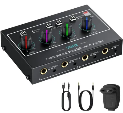 Productafbeelding van Hoofdtelefoonversterker 4 kanalen - Mono/stereo - 3,5 mm en 6,35 mm - RGB-verlichting - Voor 8 hoofdtelefoons