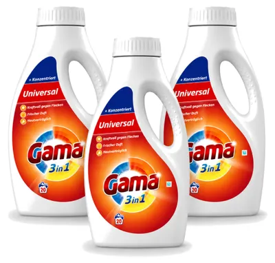 Produktbild von 3 x Gama 3-in-1 Waschmittel - Hautfreundlich - 1 l - Vorteilspackung - 3 Stücke