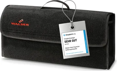 A black fabric car trunk organizer with a tag attached.