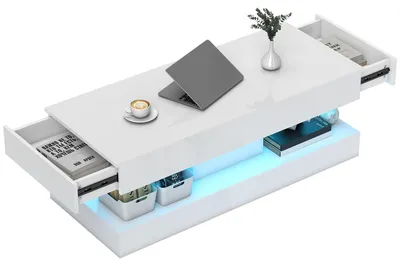 Produktbild von HOMCOM Couchtisch Wohnzimmertisch Hochglanz mit LED Beleuchtung, Stauraum Weiß