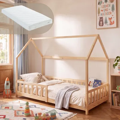 Immagine prodotto di Letto a castello "Hesel" per bambini, completo di materasso e protezioni laterali, dimensioni 90 x 200 cm, realizzato in legno di pino naturale