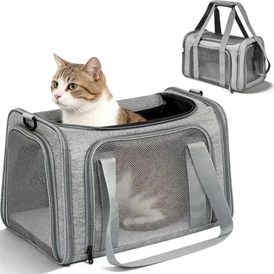 Produktbild von Katzentragetasche, Katzentransportbox, Haustiertransportkoffer, 45 x 30 x 30 cm, bis 8 kg, Katzentragetasche mit verstellbarem Schultergurt für Welpen und graue Katzen