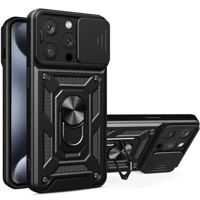 Obrázek produktu pro Pouzdro pro iPhone 15 Pro, TPU Nárazník Silikonové Pouzdro s Kroužkem Stojánek, Ochrana Kamery černé