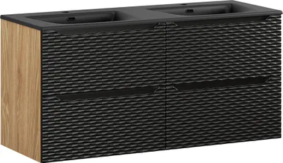 Produktbild von Doppelwaschtisch 120cm in Eiche mit schwarz, OLUO-56-BLACK, Front mit 3D-Struktur in Wellenoptik