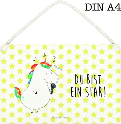 Produktbild von Mr. & Mrs. Panda Schild Einhorn Sänger DIN A4 - Weiß - Geschenk, Unicorn, Holzschild, Wandbild Holz, holzbild, hängeschild, Türschild, Einhörner, Glitzer, Geburtstag