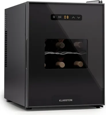 Zdjęcie produktu dla Klarstein Wolnostojąca lodówka na wino 1 strefa, mała lodówka na napoje, mała szafka na wino, mała lodówka na wino z szklanymi drzwiami, lodówka na butelki do użytku wewnątrz/na zewnątrz, lodówka na wino, 12 butelek