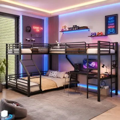 Produktbild von Bettgestell Metallbett, Eisenrahmen, drei Schlafplätze, 90x200 & 140x200 cm, EN747, mit Schreibtisch & USB, Ohne Matratze, Schwarz