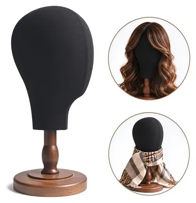 Produktbild von Perückenkopf mit Holzständer, Schaufensterpuppe für Perücken, Hüte, Mützen und Kopftücher, Beige, perückenständer 39 cm Höhe