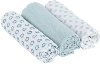 Immagine prodotto di Set di 3 bavaglini Unyqoos® in cotone al 100%, 85 x 85 cm, traspiranti e prelavati, color verde – versatili, ideali come copertine, per coccolare e per raccogliere la saliva