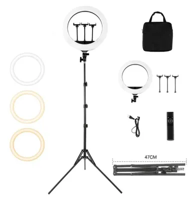 Produktbild von HQ18 LED-Ringlicht mit Stativ 55W 3000K-6000K 3 Lichtfarben für YouTube Live Streaming Vlog Beauty Selfie Stick - Schwarz