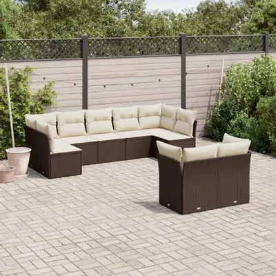 Image de vidaXL Ensemble de salon de jardin 9 pièces avec coussins Marron Poly Rattan