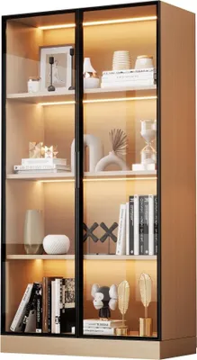 Produktbild von AIORBER Glasvitrine Eichenoptik 70×40×160 cm, LED-beleuchteter Vitrinenschrank mit Glastüren, Staubschutz, Bücherregal, Weinschrank, Badezimmerschrank