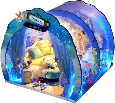 Produktbild von Habarri | Miniaturhaus - DIY-Puppenhaus - Holzhaus mit Möbeln und LED-Beleuchtung - Geschenk für Kinder - Die Welt der Meerjungfrauen