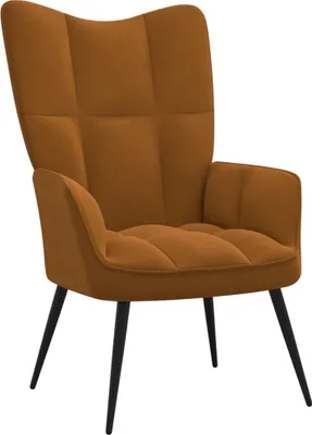 A brown velvet armchair with black legs, shown against a white background.