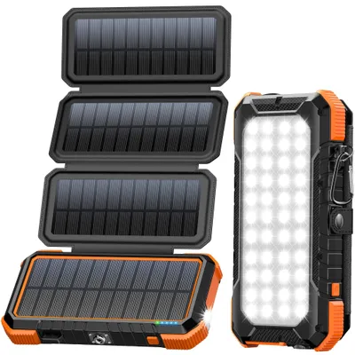 Image de Batterie externe solaire portable - Capacité de 20000 mAh - Charge rapide de 18 W - Batterie lithium-ion - Orange